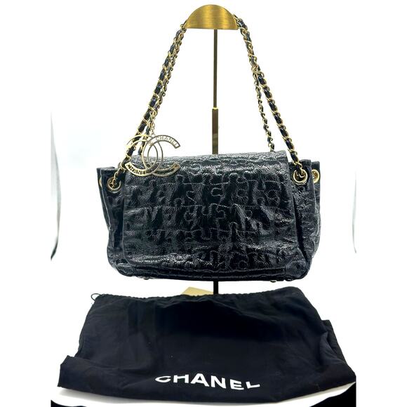 RARE Chanel Black Patton Leather Flap Bag Puzzle Accordion Bag! COA and Dust Bag - Picture 1 of 16